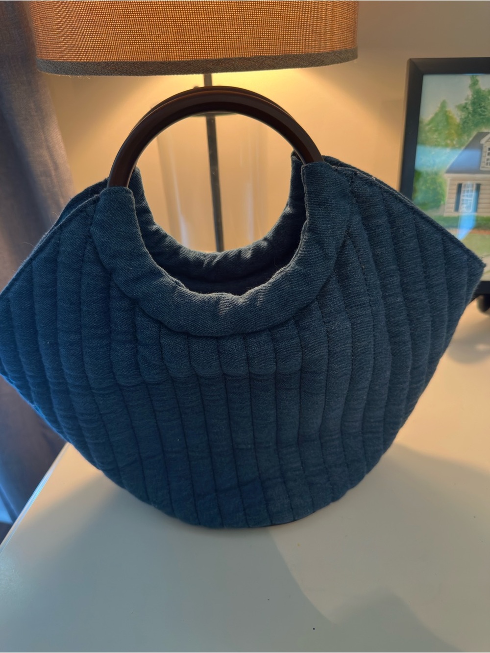 Draper James Quilted Navy Tote with Round Wood Handles